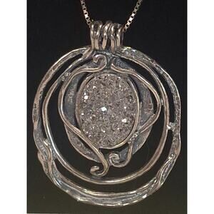 925 Sterling Silver Israel Druzy Pendant Italy Chain Boho Statement Necklace